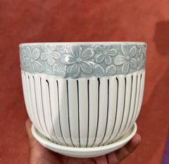 Ceramic Floral Pattern Table-Top Pot with Saucer