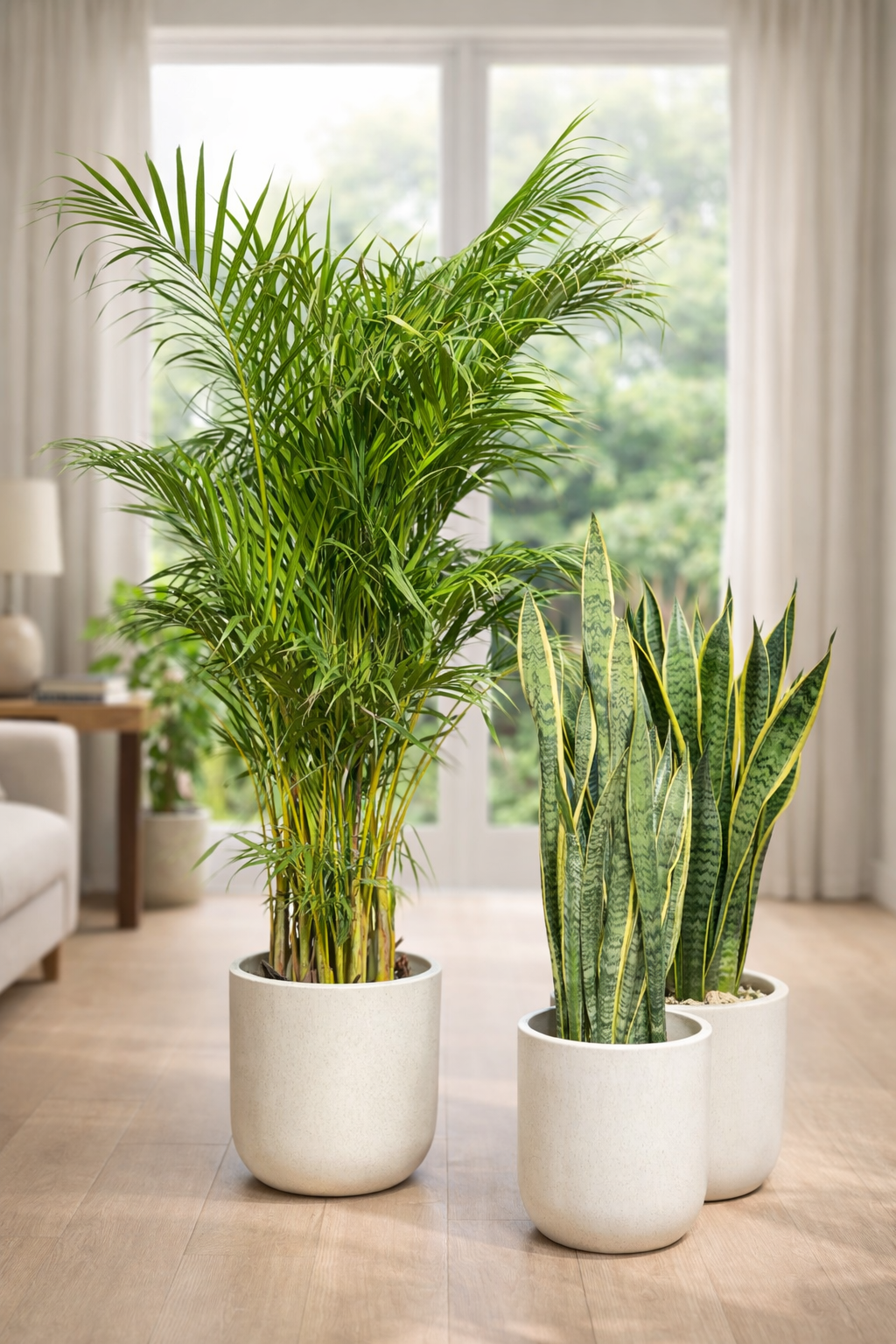 Areca Palm & 2 Snake Plant Bundle-stylish white Ceramic pots