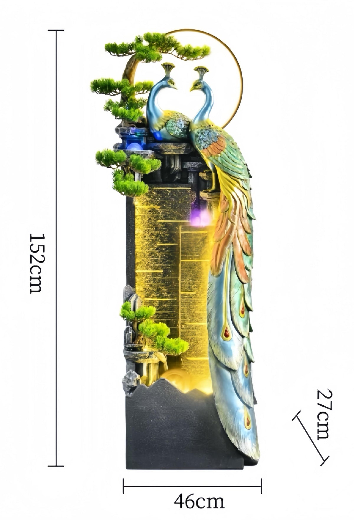 Elegant Twin Peacock LED Water Fountain
(Size: 152cm x 46cm x 27cm)
