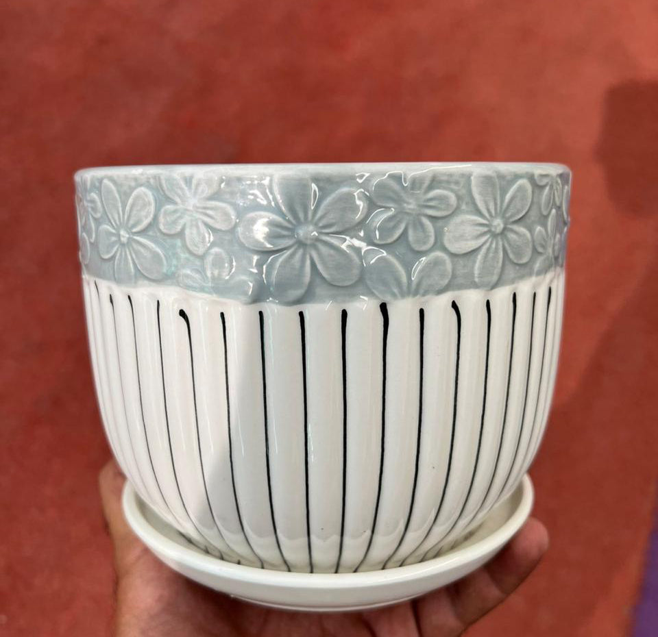 Ceramic Floral Pattern Table-Top Pot with Saucer