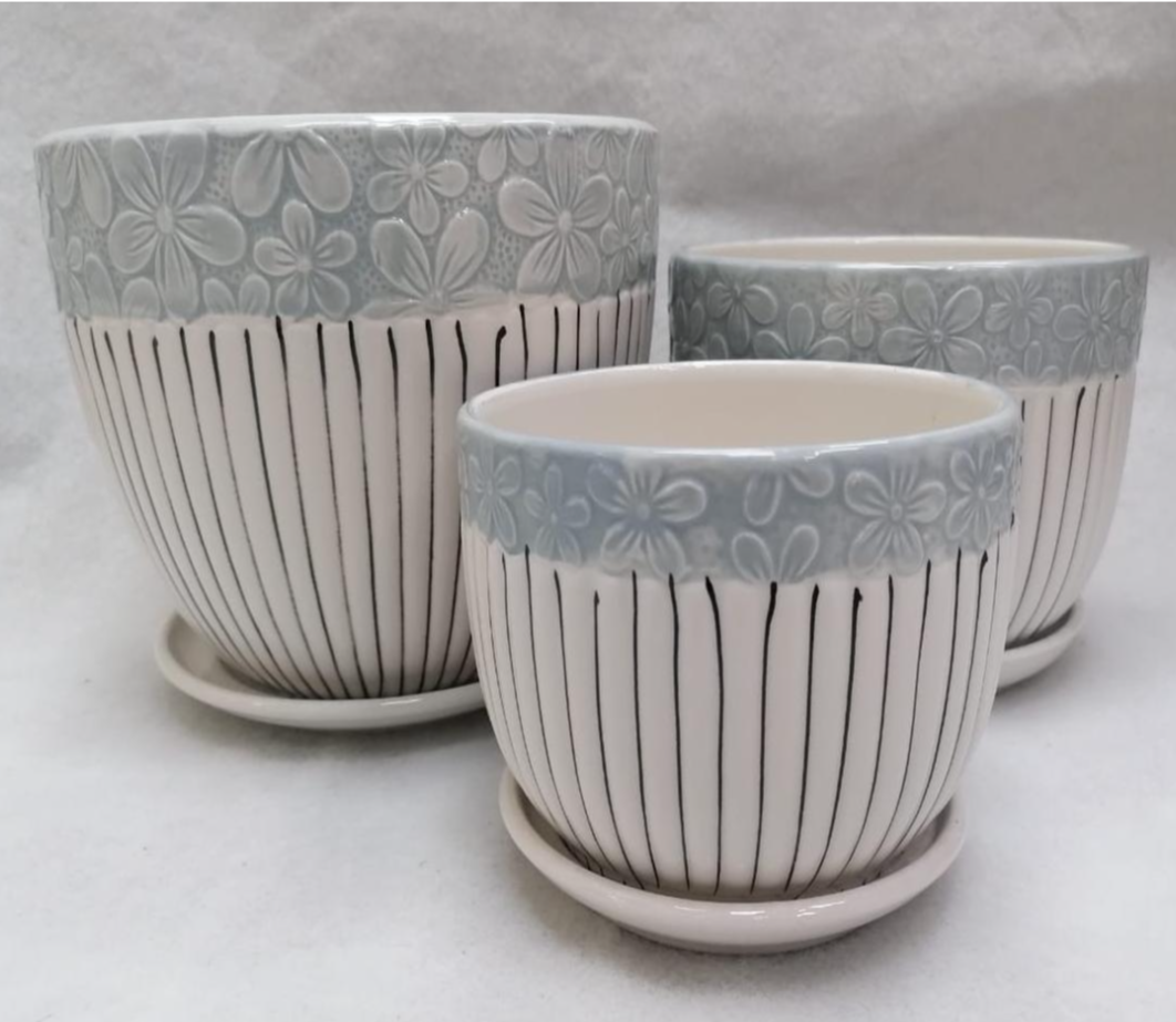 Ceramic Floral Pattern Table-Top Pot with Saucer